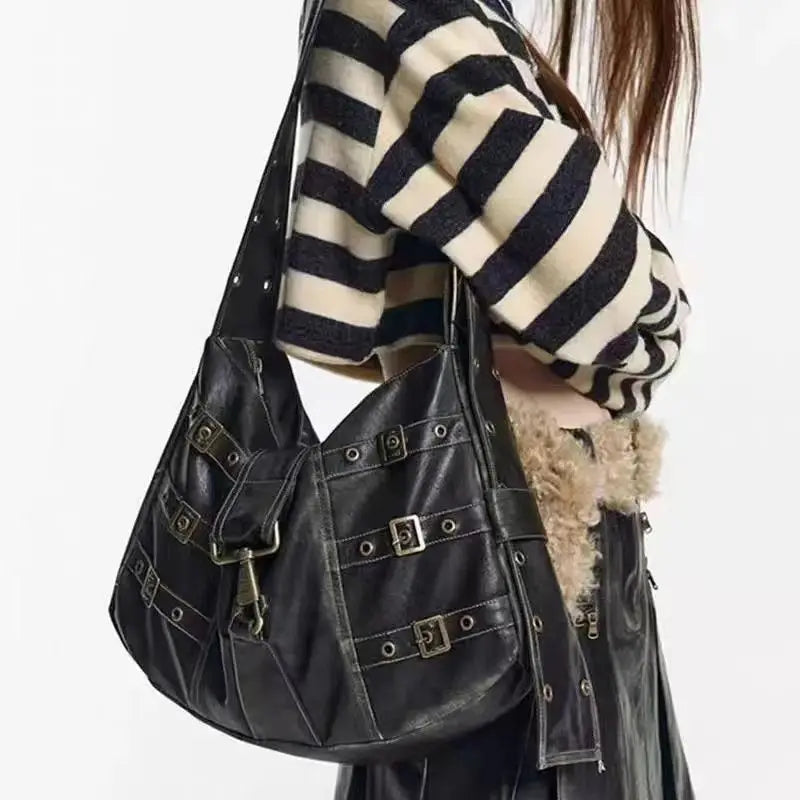 Retro Punk Distressed Leather-Look Tote Bag for Women - Large Capacity Harajuku Shoulder Bag
