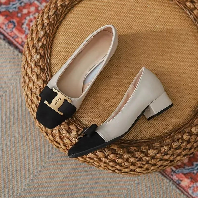 Korean-Style Women's Bow Mid-Heel Pumps - PU Leather Square Toe Block Heel (3-5 cm / 1.2-2 in)