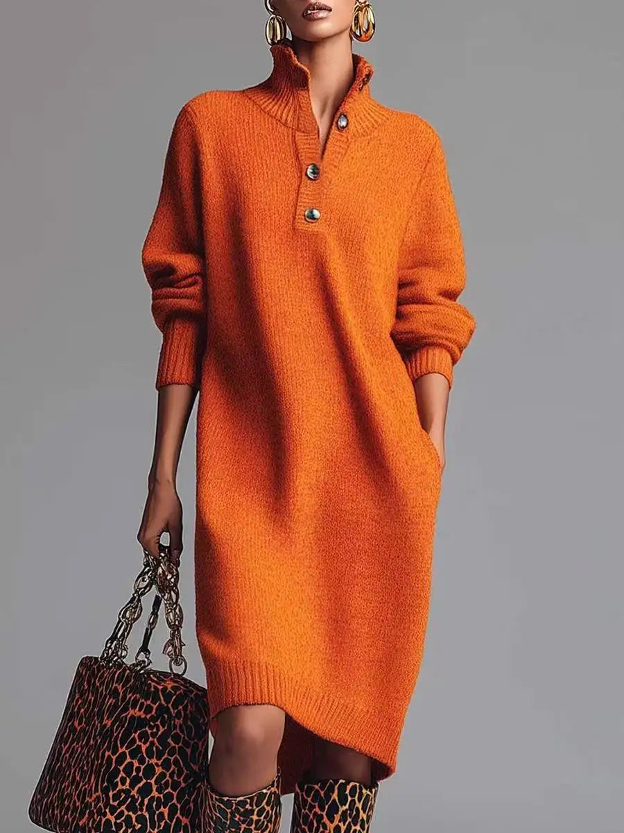 Women's V-Neck Button Lapel Knitted Sweater Dress — Knee-Length A-Line Casual (Spring/Autumn)