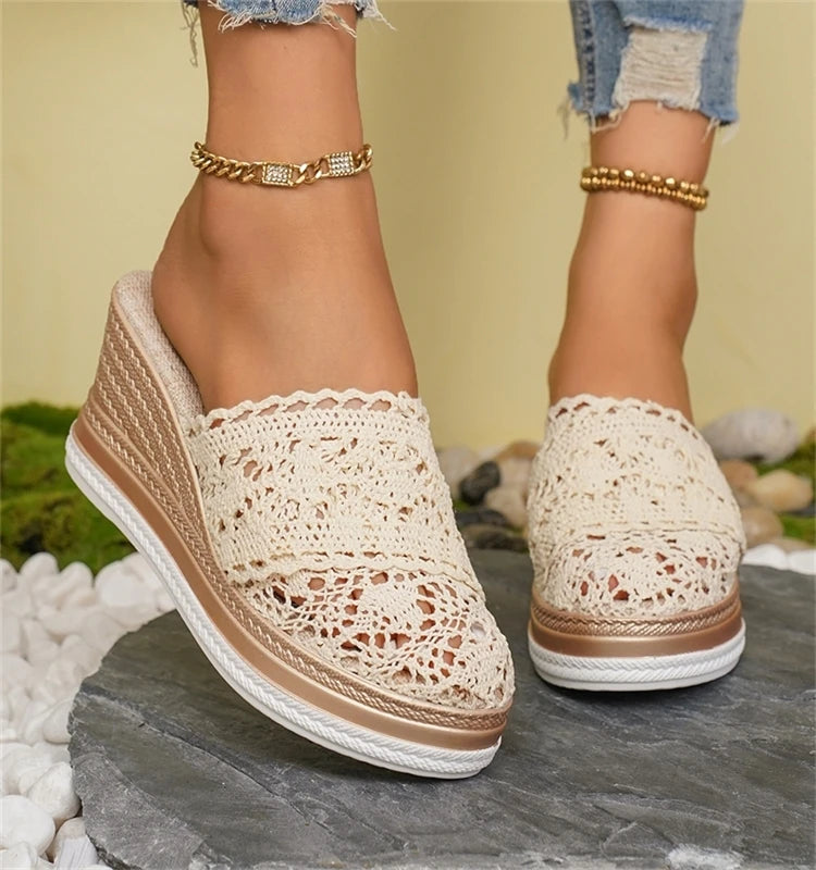 HAJINK Women's Lace Wedge Sandals – Breathable Summer Slide Heels, 5–8 cm (2–3 in) Heel, 3–5 cm (1.2–2 in) Platform