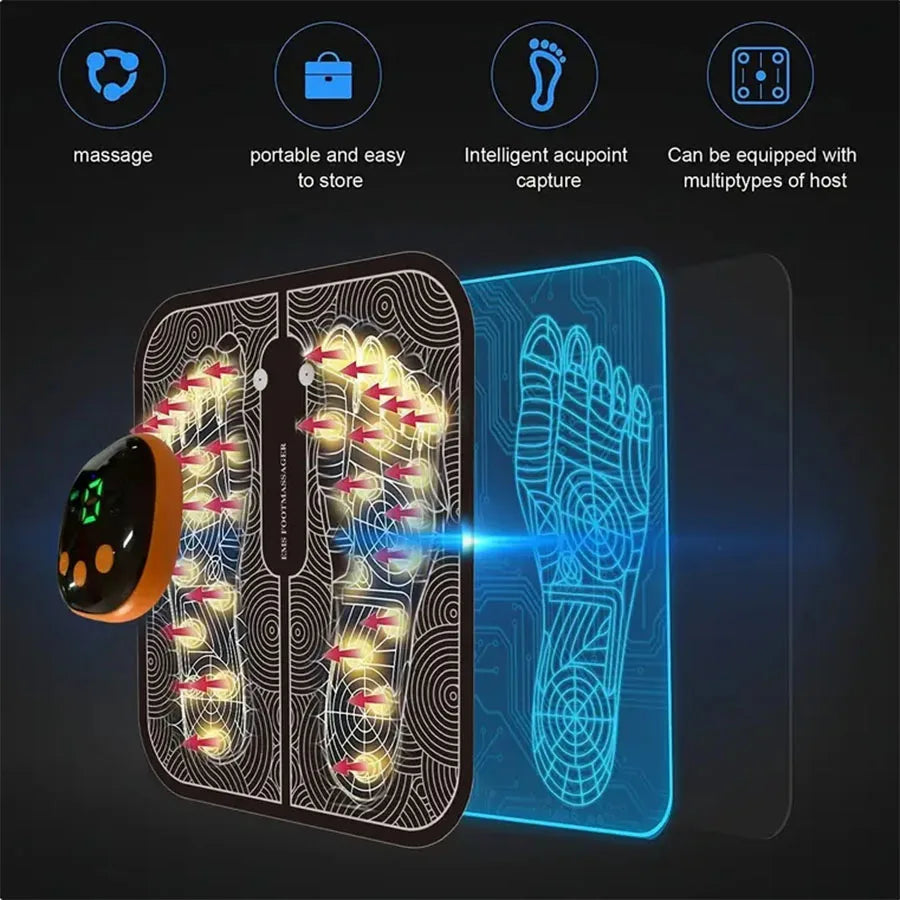 EMS Foot Massager Pad with LCD Display & Remote — Foldable Waterproof PU Foot, Back & Leg Massager