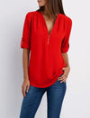Women's Summer Loose Chiffon Blouse Deep V-Neck Zipper Pullover Casual Plus Size