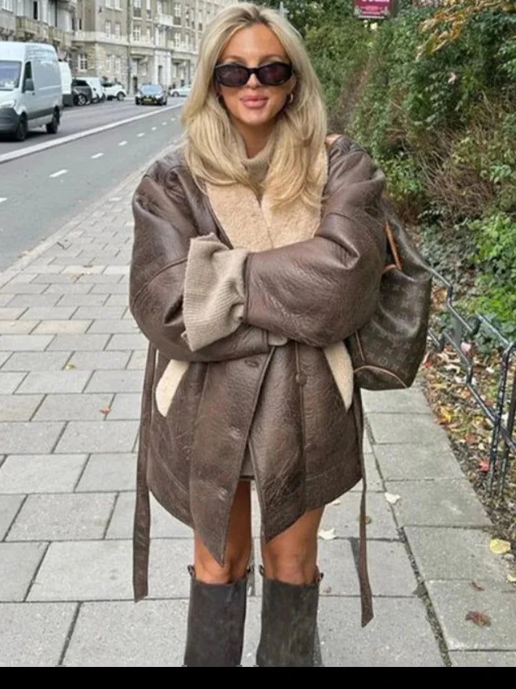 Women's Long Faux Leather Overcoat with Fur Collar & Belt — Wool-Lined Single-Breasted Coat with Pockets