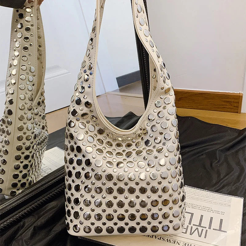 Women's Punk Metal Rivet PU Suede Bucket Shoulder Bag Underarm Tote Motorcycle Chic