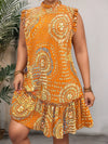 Plus Size Elegant Short Sleeve A-Line Dress, Black Gold Red Paisley Print, Ruched Hem Round Neck