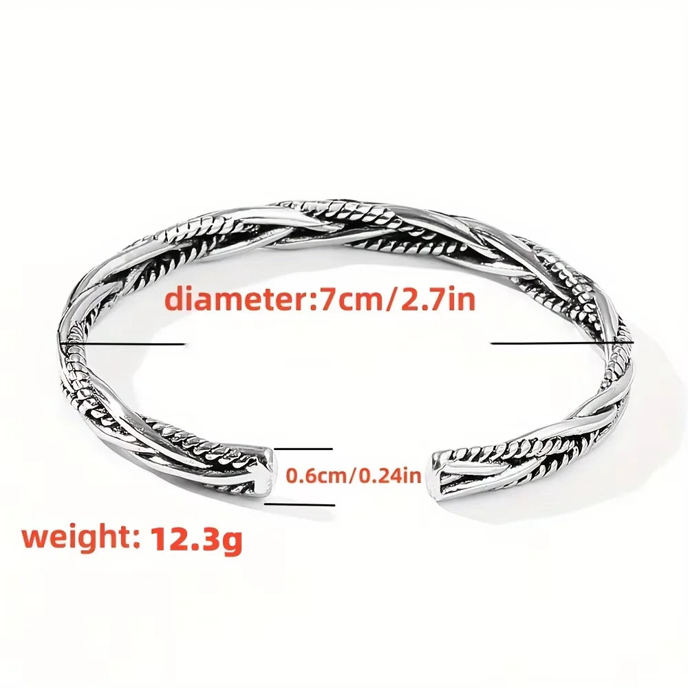 Antique Silver Twist Cuff Bracelet - Adjustable Open Bangle 7cm (2.75in) Unisex
