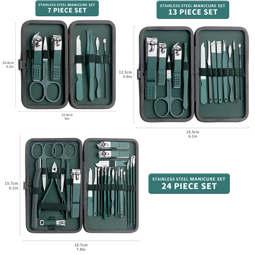 Green Stainless Steel Nail Clipper Set — 7/13/24-Pc Portable Manicure & Pedicure Tools