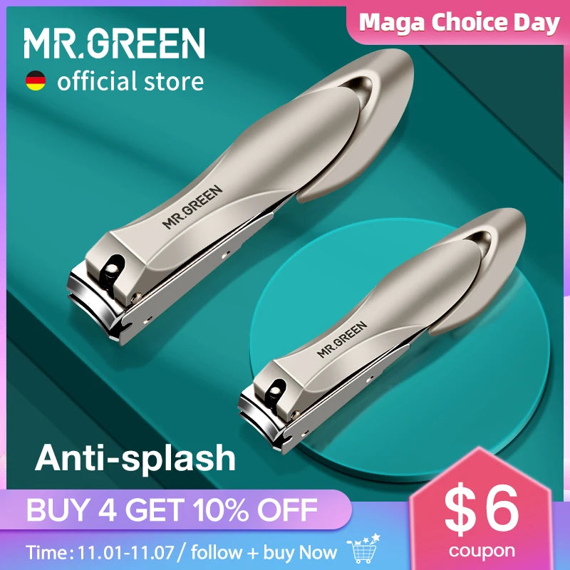 MR.GREEN Anti-Splash Stainless Steel Nail Clippers – Ergonomic Bionic Design Fingernail & Toenail Trimmer