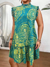 Plus Size Elegant Short Sleeve A-Line Dress, Black Gold Red Paisley Print, Ruched Hem Round Neck