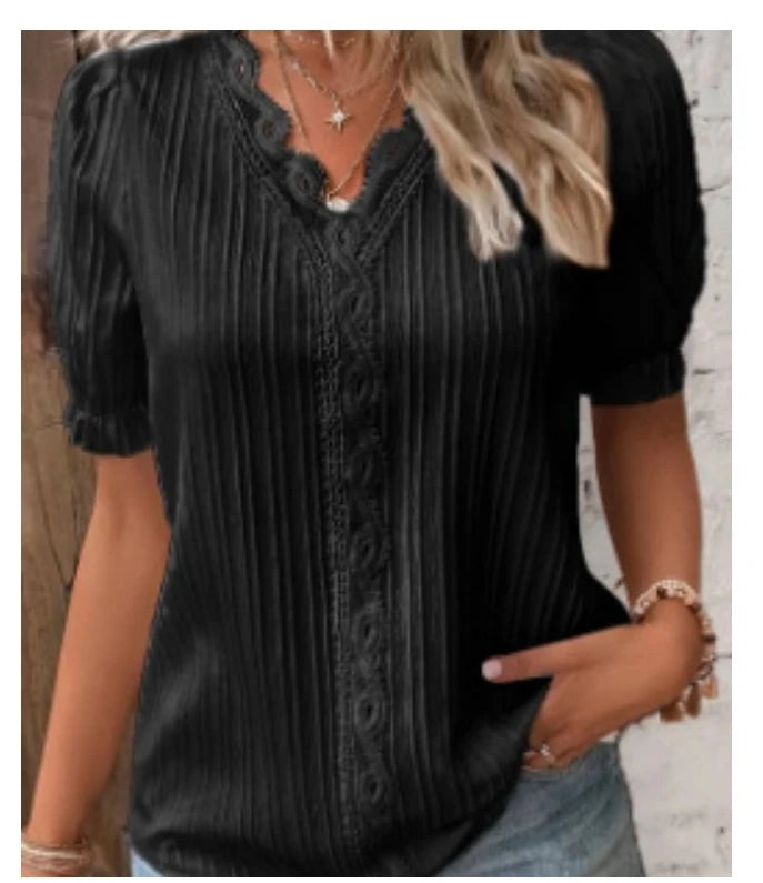 Women's Summer V-Neck Hollow Short Sleeve Top - Chiffon Splice Loose Plus Size Blouse