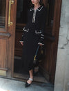 Knitted Patchwork Ruffle Midi Dress for Women, High Waist A-Line with Lapel Buttons and Flare Sleeves