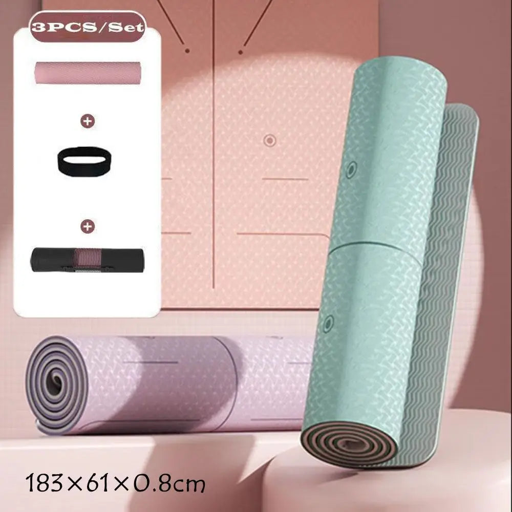 Non-Slip TPE Yoga Mat 183 × 61 cm (72 × 24 in) 8mm Thick – Double-Sided Shock-Absorbing Pilates Exercise Mat with Strap & Carry Bag