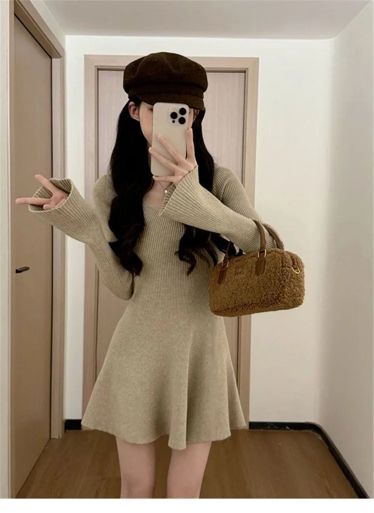 French V-Neck Ribbed Knit A-Line Mini Dress - Long Sleeve Autumn Winter Waist-Defining
