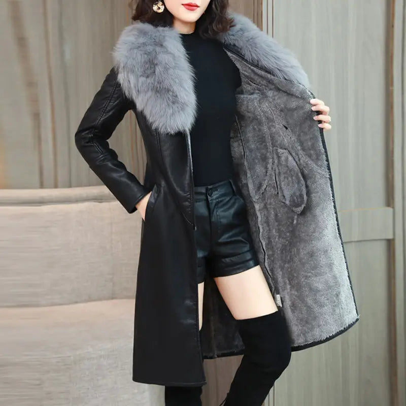 PU Leather Mid-Length Women's Winter Coat with Detachable Fur Collar Adjustable Waist Slim Casual Jacket