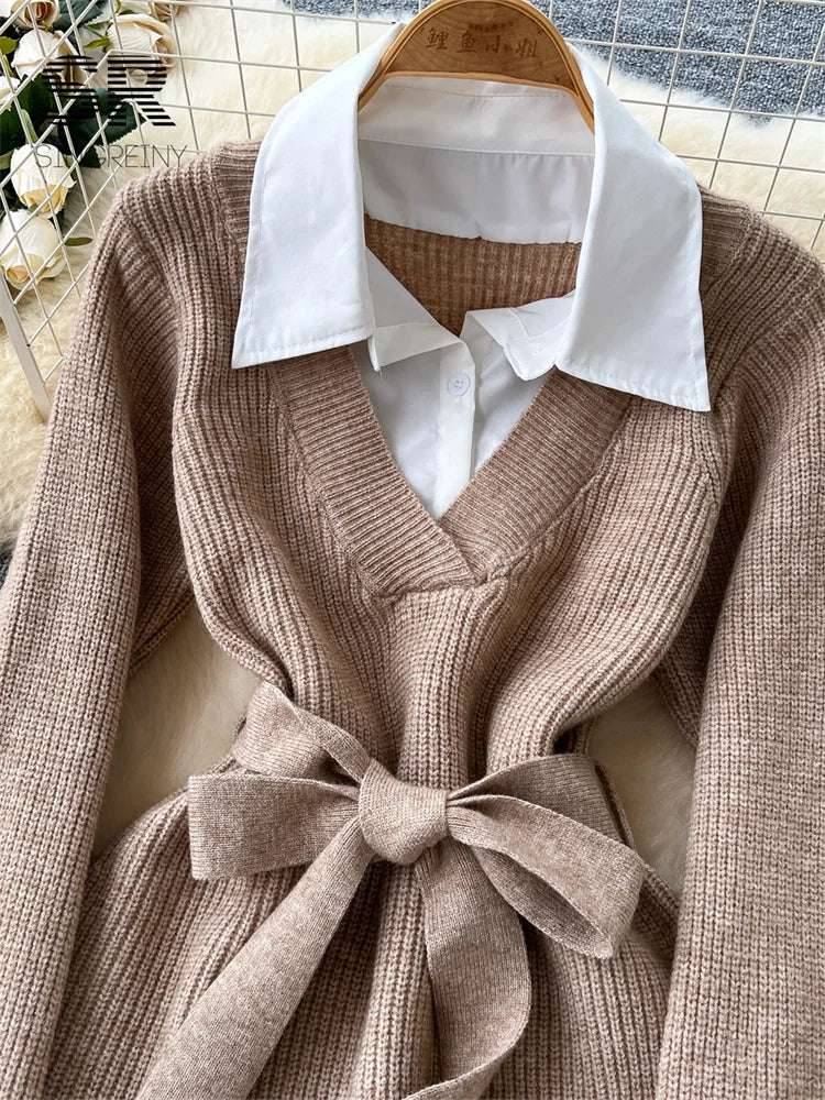 Women’s Knit Two-Piece Sweater Dress Set with Belt — Lapel Collar, Long Sleeve Knee-Length Patchwork for Office Autumn/Winter