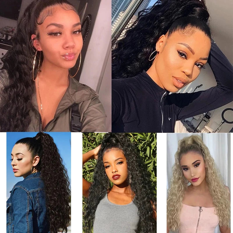 22-Inch (56 cm) Kinky Curly Drawstring Clip-In Ponytail - Long Synthetic High-Temperature Fiber Hair Extension for Women