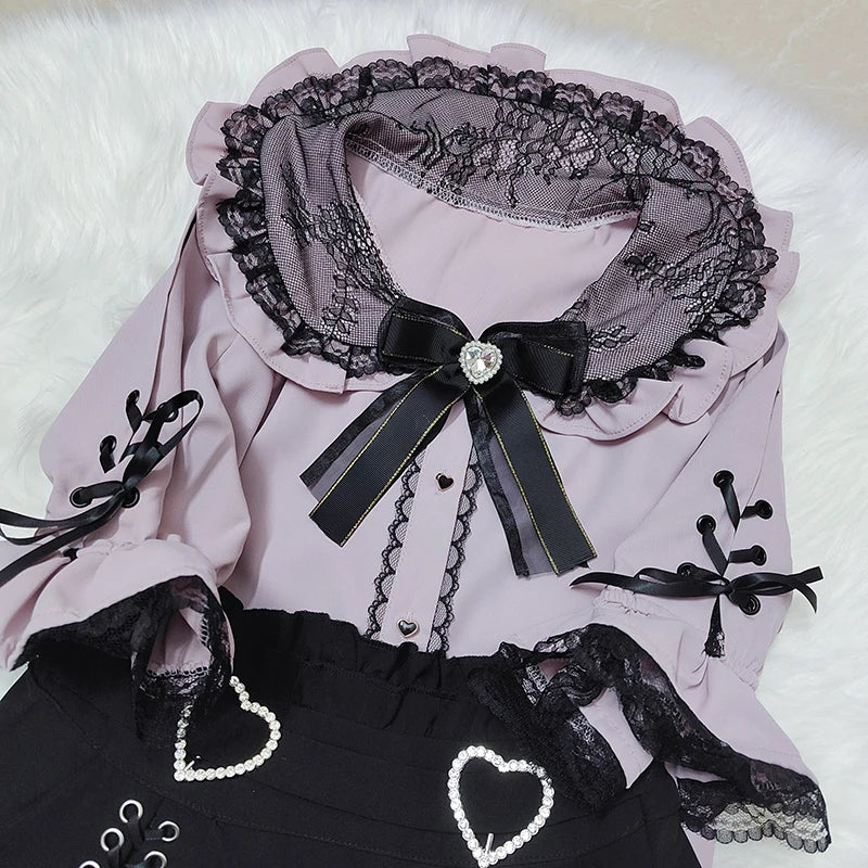 Kawaii Jirai Kei Lolita Y2K Japanese Style Peter Pan Collar Blouse Long Sleeve Sweet Bow Casual Aesthetic Top