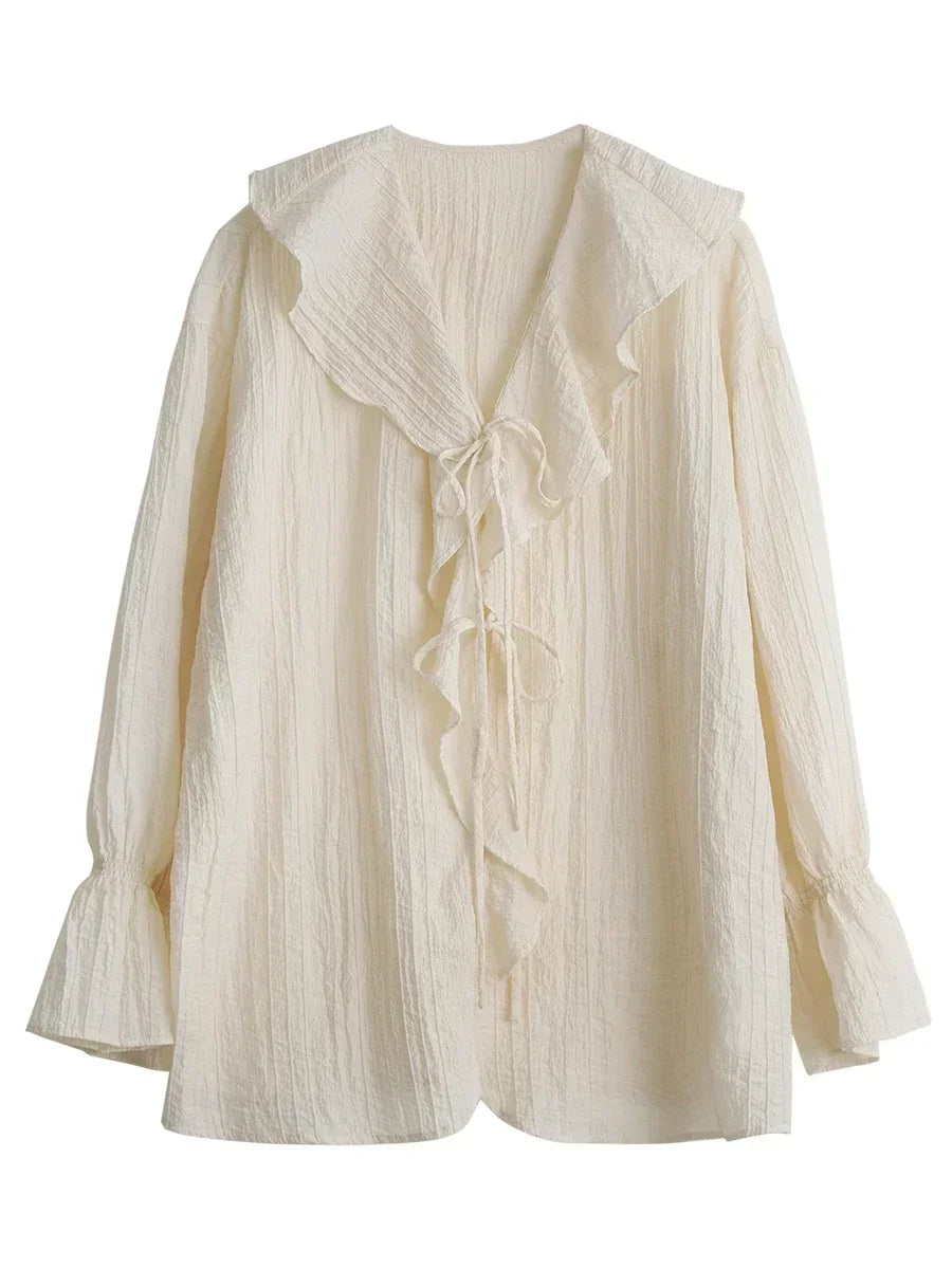 CHIC VEN Women's Loose V-Neck Lace-Up Ruffle Blouse, Mid-Length Casual Shirt with Butterfly Sleeves