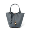 Genuine Leather Litchi-Texture Mini Bucket Shoulder Bag with Lock - Soft Tote Handbag for Women