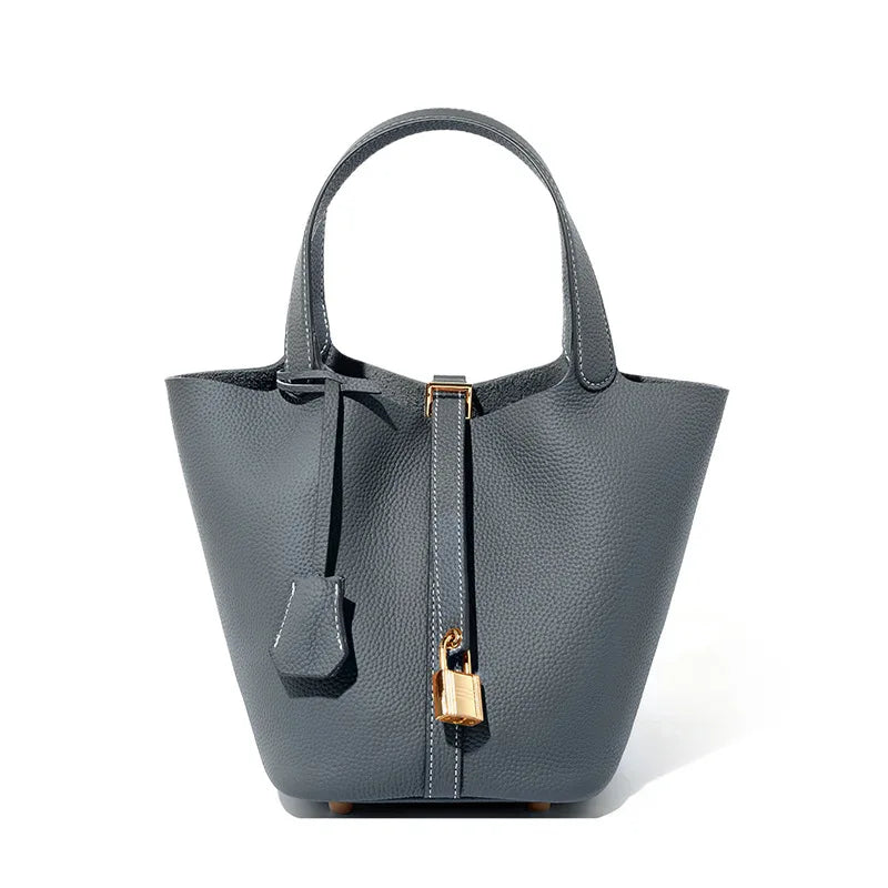 Genuine Leather Litchi-Texture Mini Bucket Shoulder Bag with Lock - Soft Tote Handbag for Women