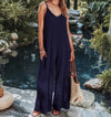 Women's Backless Jumpsuit with Threaded Back – Solid Flare-Leg Mid-Waist Summer Beach Style (Polyester/Spandex)