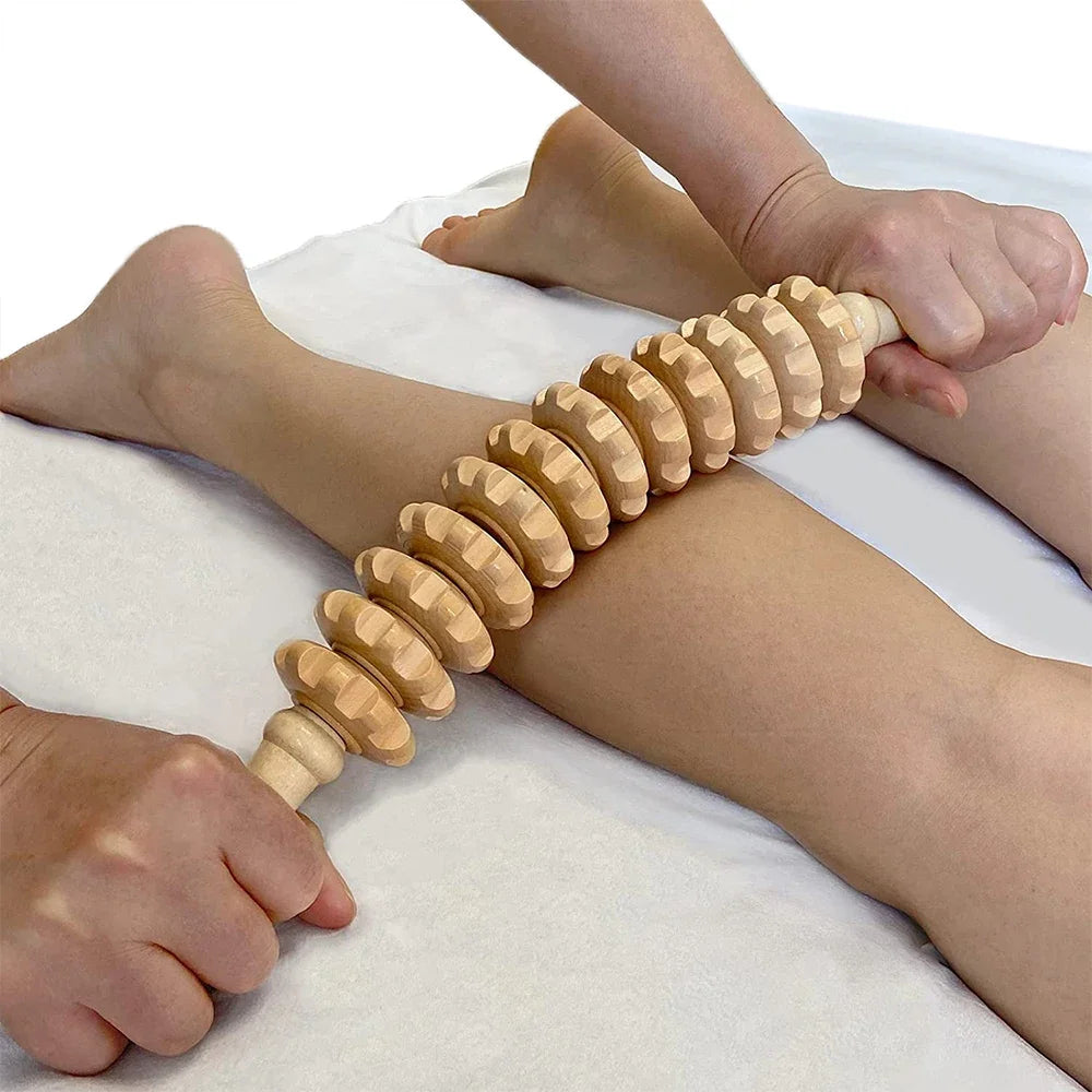 9-Roller Wooden Fascia Massager – Handheld Anti-Slip Muscle Roller for Back, Legs, Thighs & Buttocks