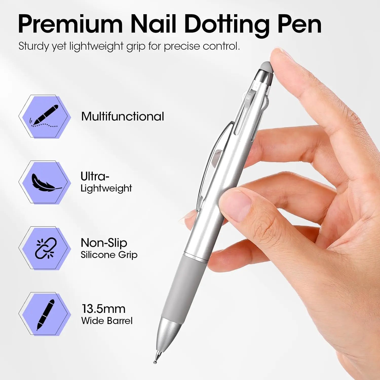5-in-1 Double-Ended Nail Dotting Pen – 4 Stainless Steel Tips (0.8/1.0/1.6/2.0 mm) + Silicone Head for Chrome, Gradient & Rhinestones