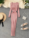 SINGRAIN Women's Autumn Winter V-Neck Long Knit Sweater Dress Slim Stretch Mid-Calf Bodycon