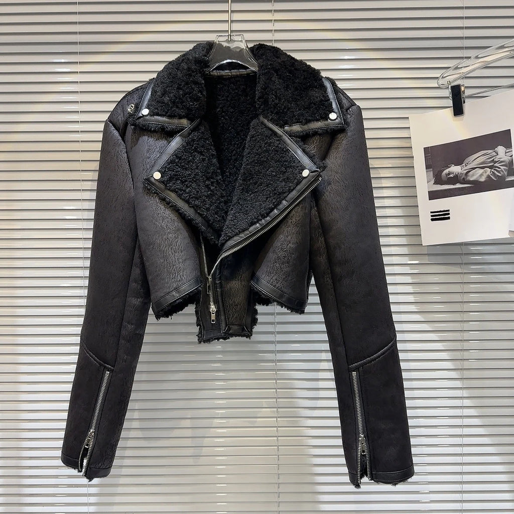 PREPOMP Turn-Down Collar Faux Fur PU Leather Jacket for Women, Zipper Sleeve Cuffs Streetwear Winter Coat