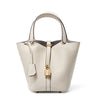 Genuine Leather Litchi-Texture Mini Bucket Shoulder Bag with Lock - Soft Tote Handbag for Women