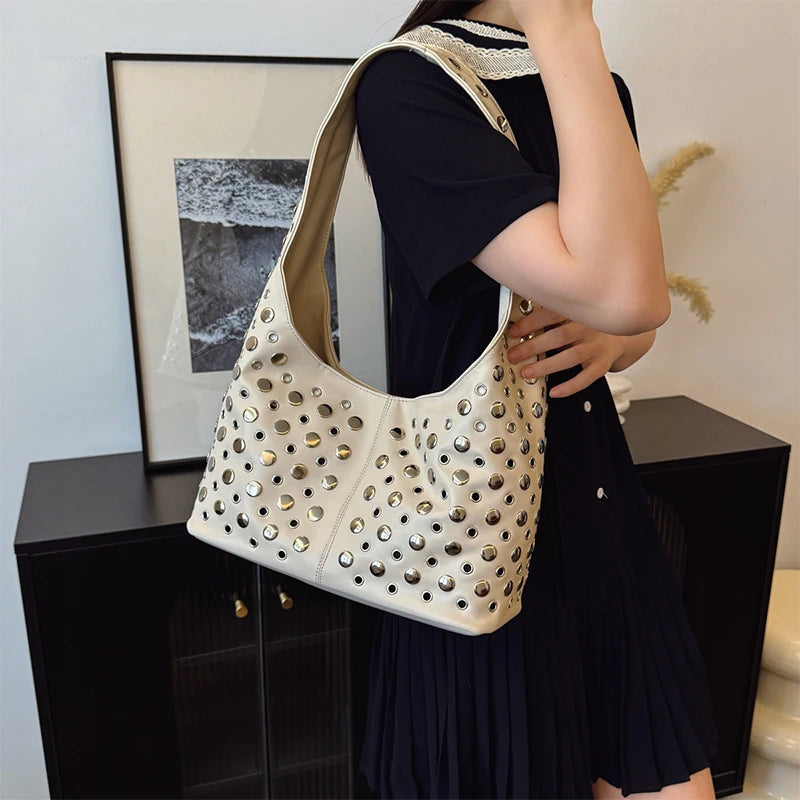 Patent Leather Rivet Bucket Bag — Studded Tassel Shoulder Handbag, Casual Luxury Underarm Bag