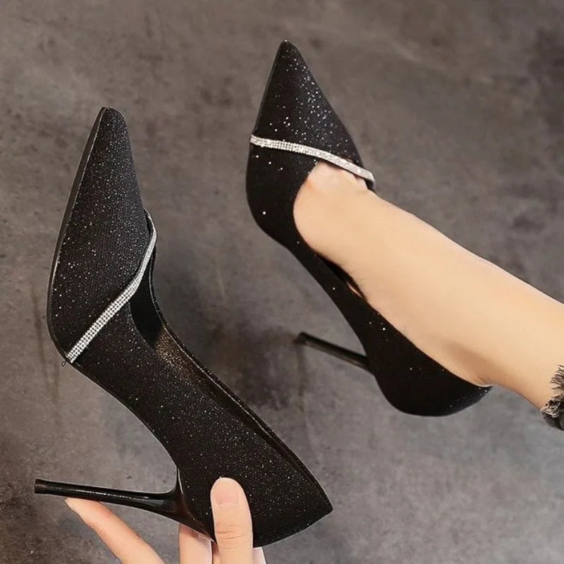 Women's Black Pointed Toe Thin Heel Pumps - Slip-On High Heels (5-8 cm)