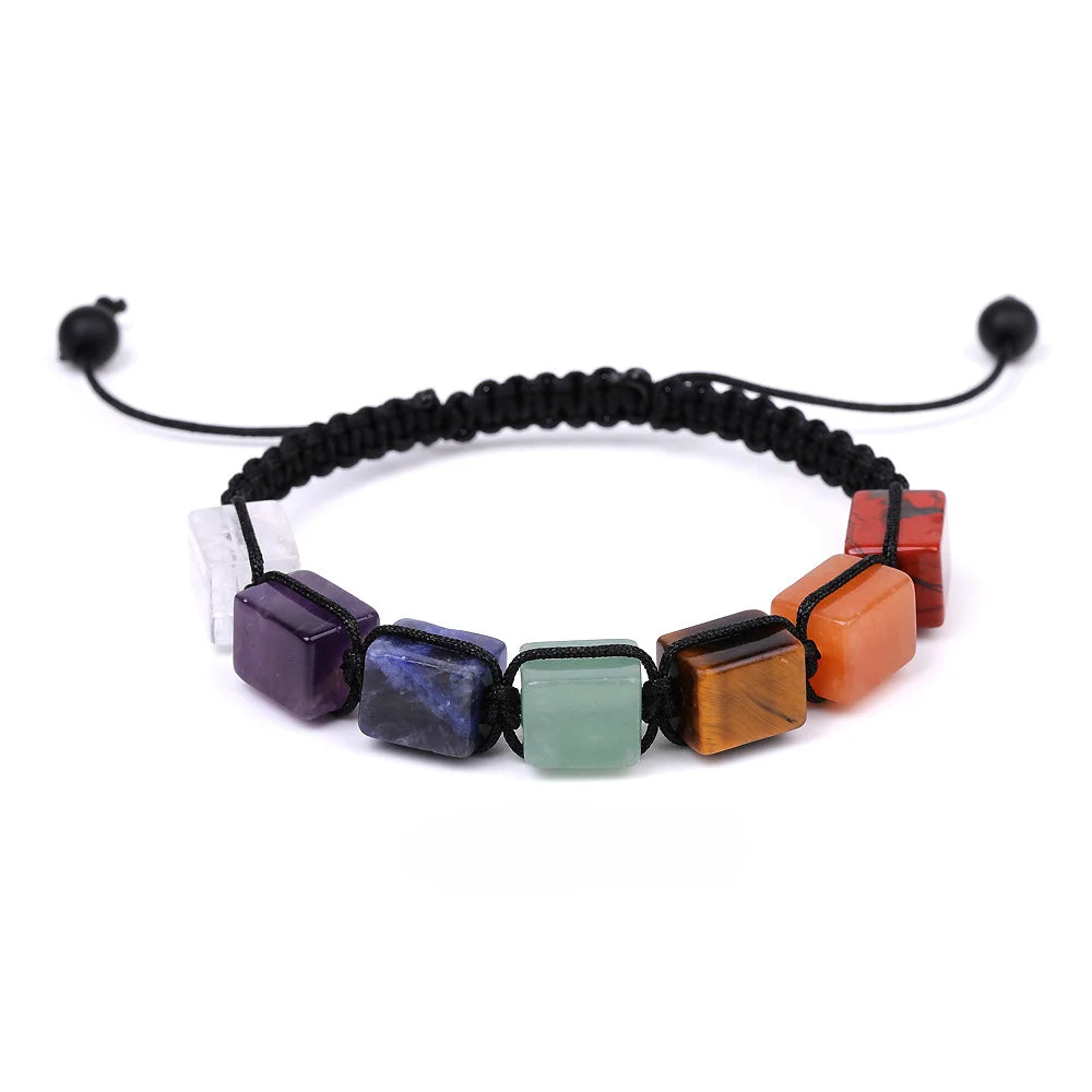7 Chakra Natural Stone Bracelet, Black Braided Rope, Reiki Healing Yoga Meditation Unisex 17.4 cm (6.85 in)