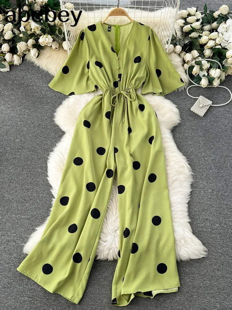 Women's Bohemian Polka Dot V-Neck Wide Leg Jumpsuit with Dolman Sleeves and High Waist