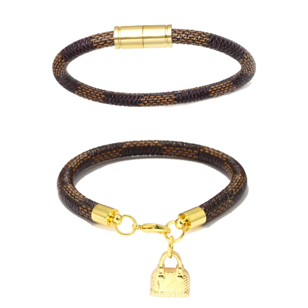 3-Pack Cowhide Leather Striped Bracelets with Gold Lock & Mini Bag Charm – Elegant Women’s Fashion Bracelet Set