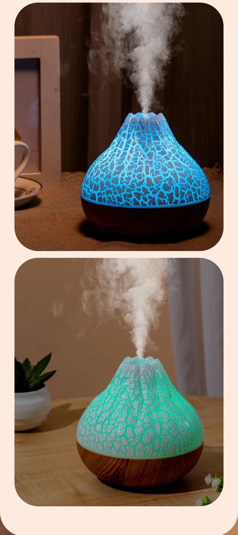 300ml USB Ultrasonic Volcano Air Humidifier Desktop Diffuser with 7-Color Night Light