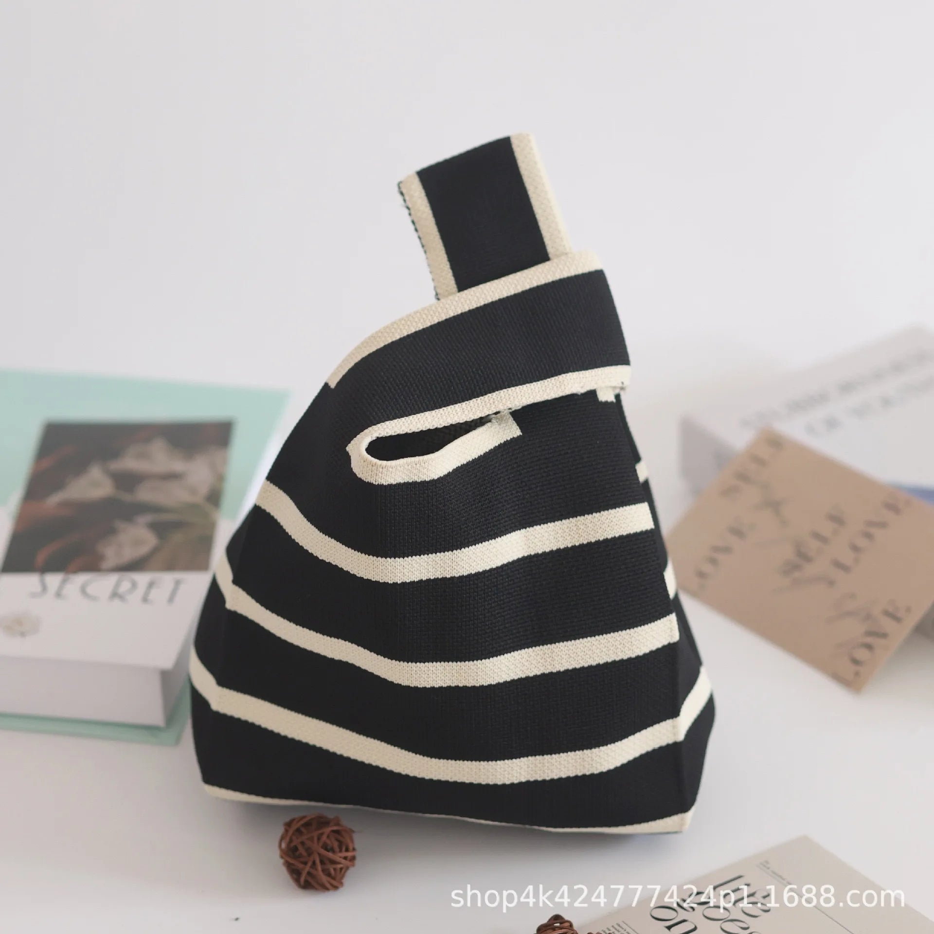 Handmade Knitted Knot Wrist Bag - Striped Mini Tote for Women, Large-Capacity Phone Bucket, Autumn Winter Casual