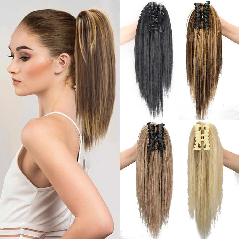Clip-In 16-Inch (40 cm) Straight Claw Clip Ponytail Hair Extension Heat-Resistant Synthetic Blonde/Brown