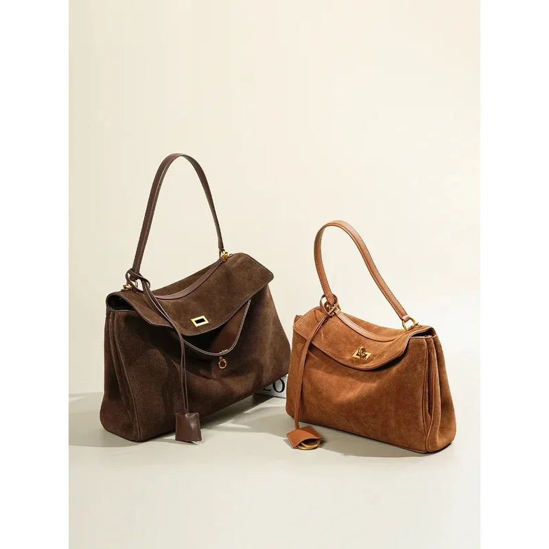 Suede Leather Tote Bag – Frosted Cowhide Large-Capacity Shoulder Kelly Bag for Autumn & Winter