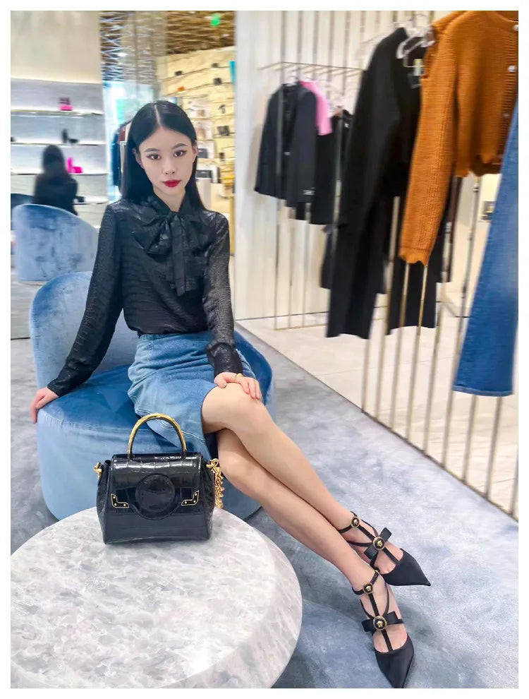 Bow Tie Pointed Toe Thin Heel Sandals for Women, Roman Straight Strap, 2.0-3.1 in (5-8 cm) Heel