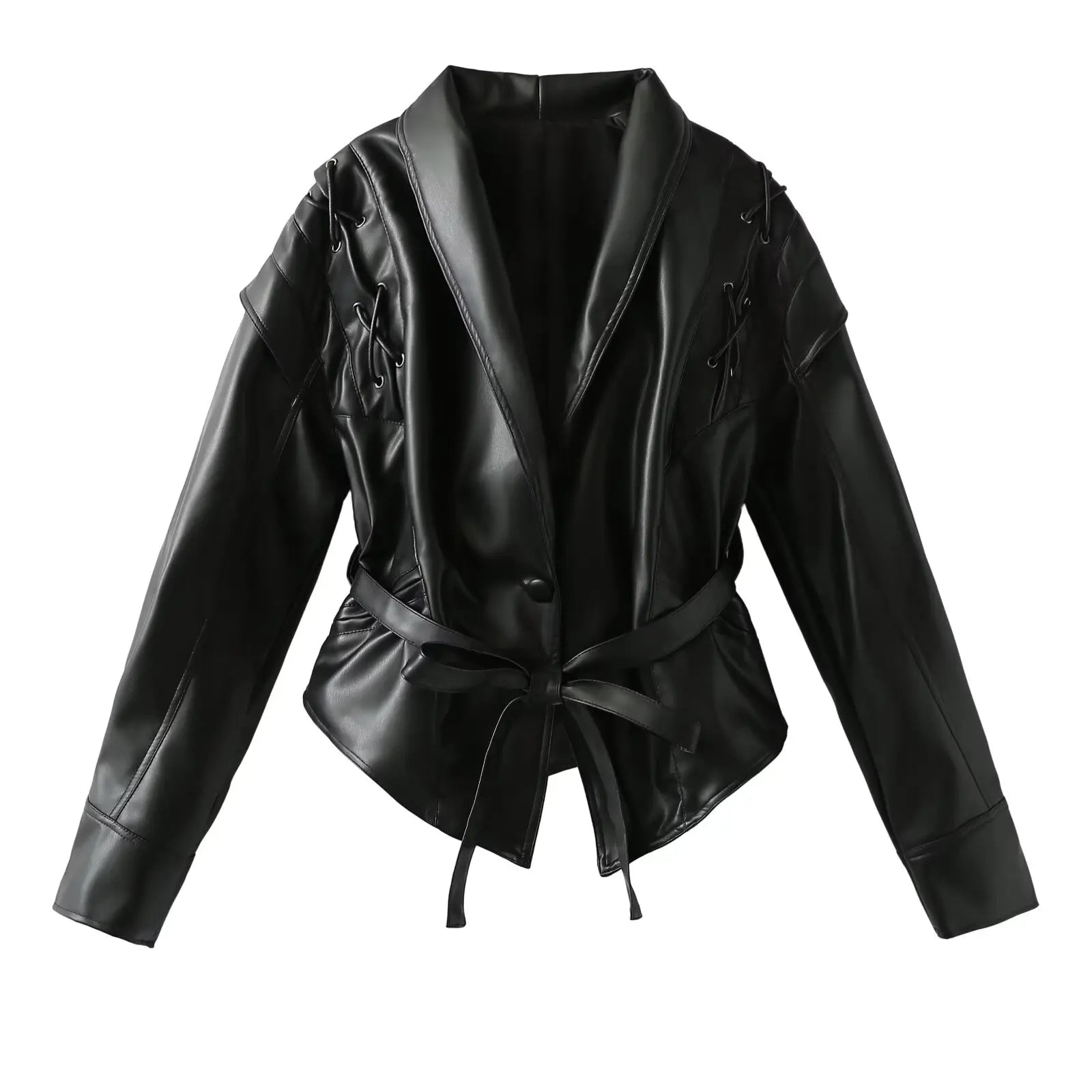 Women's Faux Leather Belted Coat with Fur Trim – Streetwear Elegant Outwear