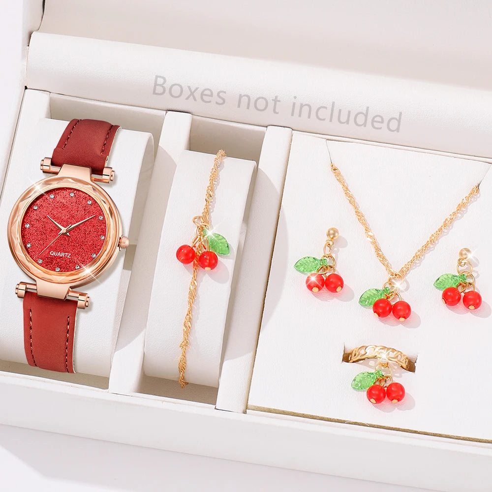 6-Piece Red Women’s Watch & Cherry Jewelry Gift Set – Minimalist Quartz Watch with Leather Strap