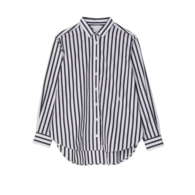 Women's Vertical Striped Shirt - Loose Long-Sleeve Button-Up Blouse with Asymmetric Hem, Office Commuter Style