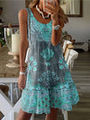 Plus Size V-Neck Pleated Sleeveless Summer Dress - Printed Beach Style (1XL-5XL)
