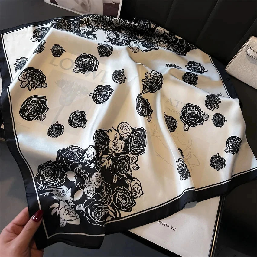 Luxury Square Silk-Feel Scarf 70 x 70 cm (27.6 x 27.6 in) Korean Fashion Floral Bandana Kerchief Wrap