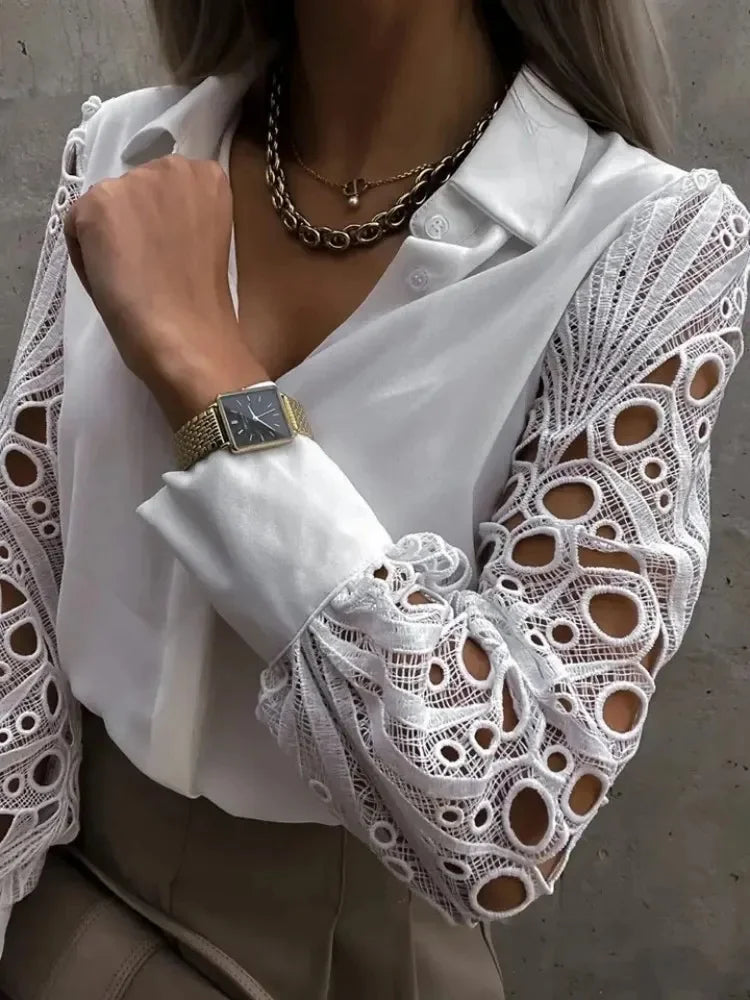 Women’s Lace V-Neck Pullover Blouse Long Sleeve Casual Shirt, Regular Fit with Tatting Trim - Spring/Summer