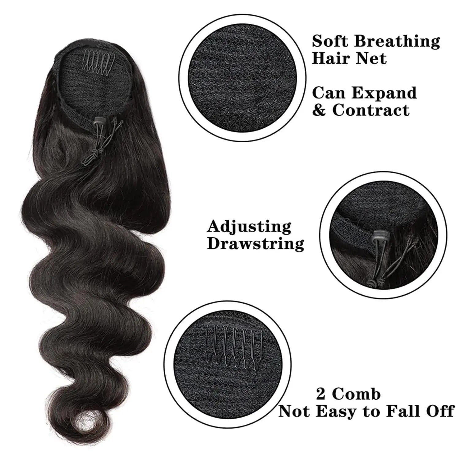 Body Wave Drawstring Ponytail Clip-In 100% Brazilian Remy Human Hair, Natural Color