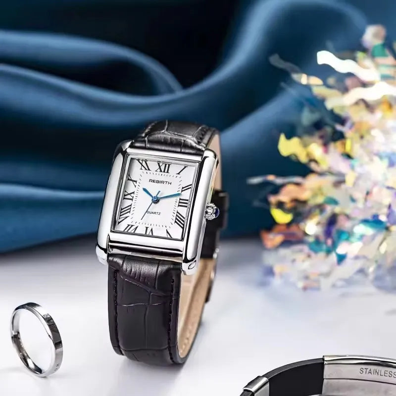 REBIRTH Elegant Women's Quartz Square Dial Watch Leather Strap Water-Resistant Business Watch