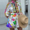 Women's Autumn/Winter Printed Long-Sleeve Single-Breasted Top & Matching Bottoms Slim Polyester Two-Piece Set