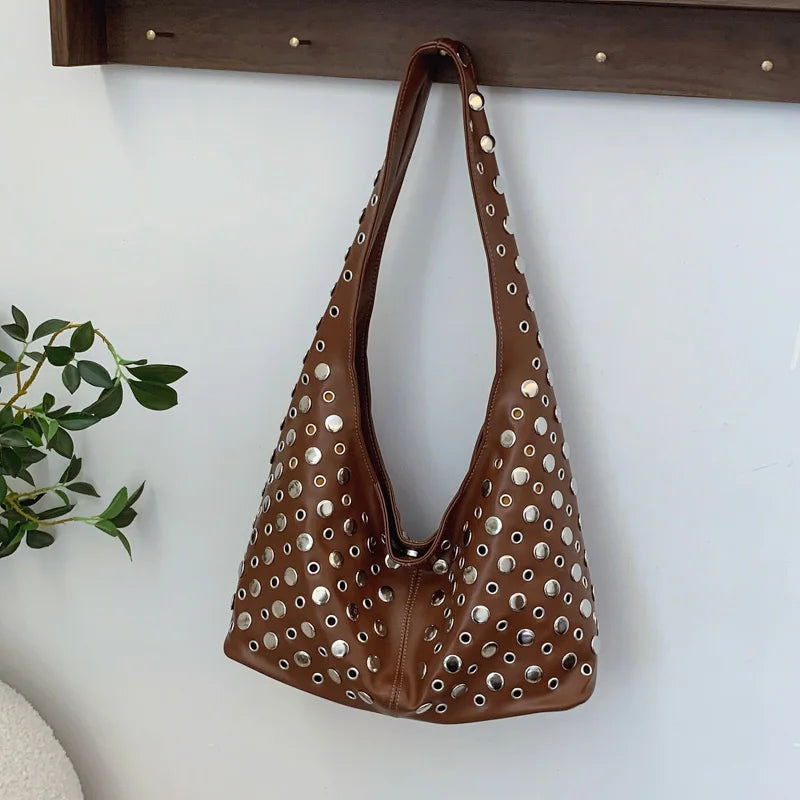 Patent Leather Rivet Bucket Bag — Studded Tassel Shoulder Handbag, Casual Luxury Underarm Bag